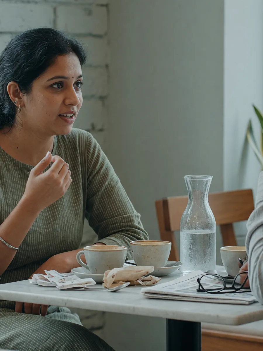 Editorial photograph of an adult person talking to a friend in a calm cafe setting