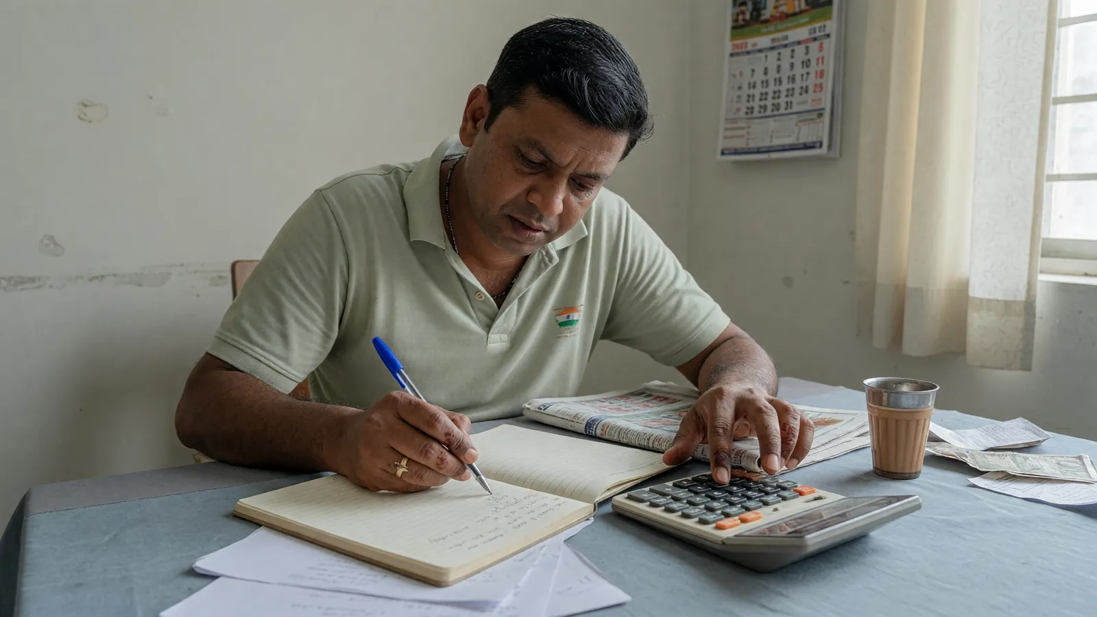 Editorial photograph of an analyst inspecting a paper bonus terms sheet on a desk